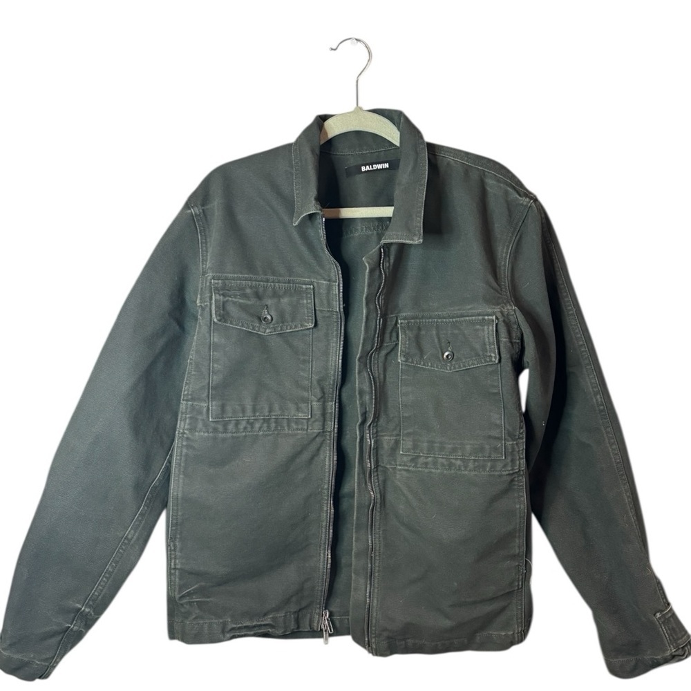 Baldwin Men's Dark Green Utility Cargo Zip Up Size L Made in USA Cotton Jacket
